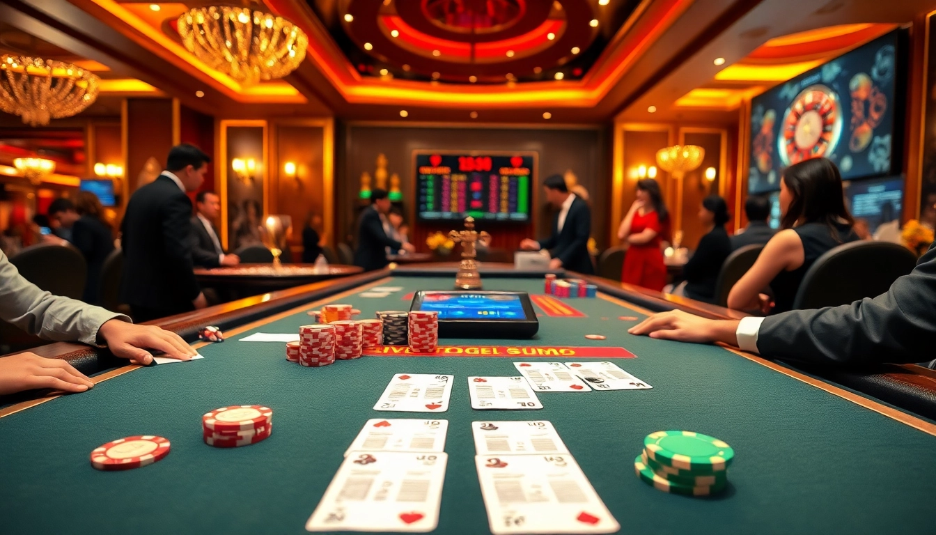 Penjudi terlibat dalam permainan togel sumo yang seru di meja kasino yang hidup dengan cip warna-warni.