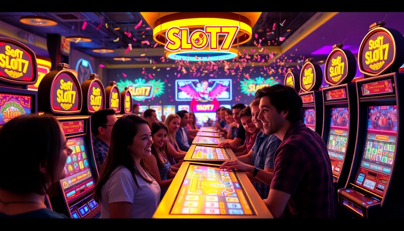Menang di Slot77 dengan suasana kasino yang meriah dan penuh warna.
