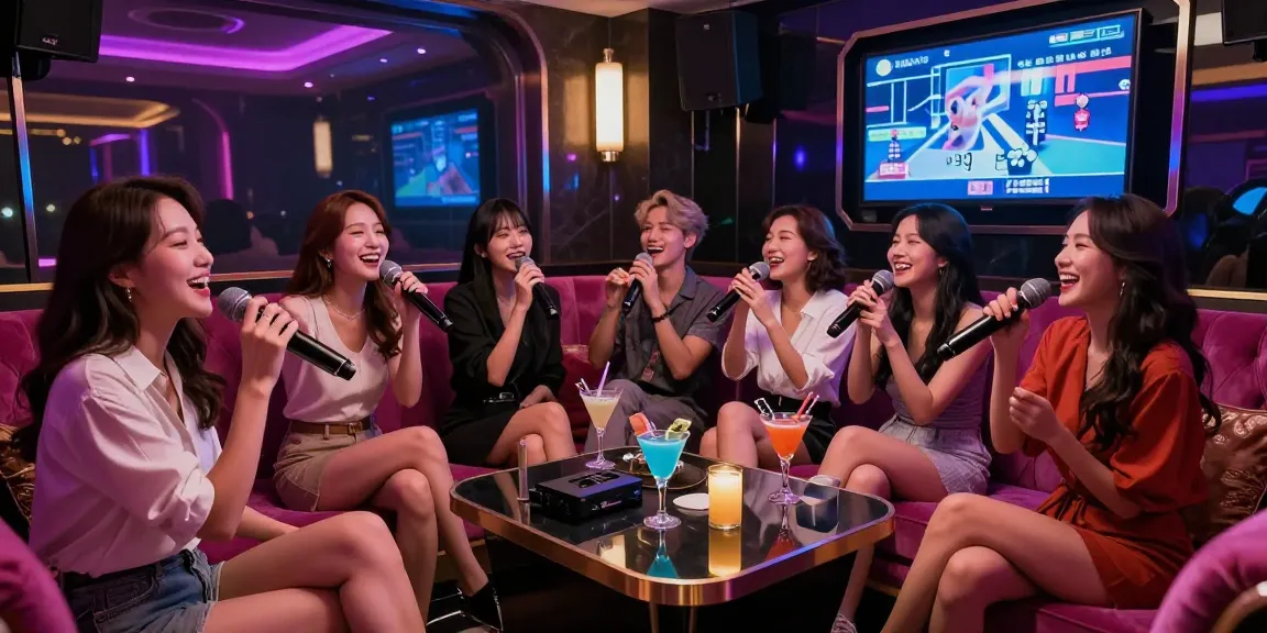Enjoying a lively night at a 강남가라오케 venue with friends in a private room