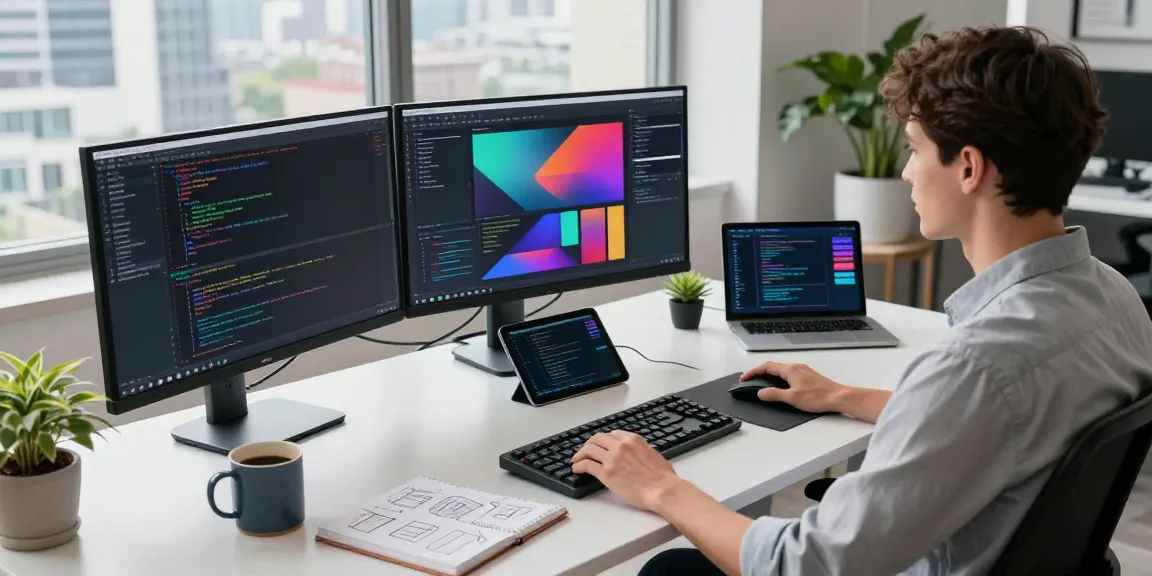 Dynamic tech workspace showcasing productivity with Snipaste官网 features, including multiple screens of coding and UI design.