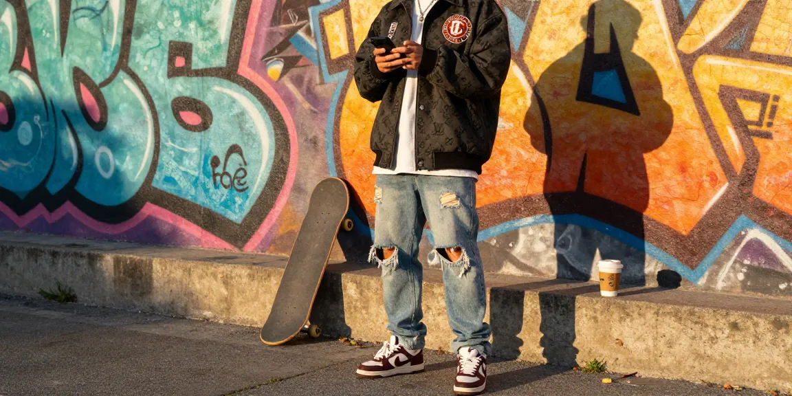 The stylish person wearing trendy high-end replica fashion items in an urban setting, showcasing the latest 명품 레플리카 trends.