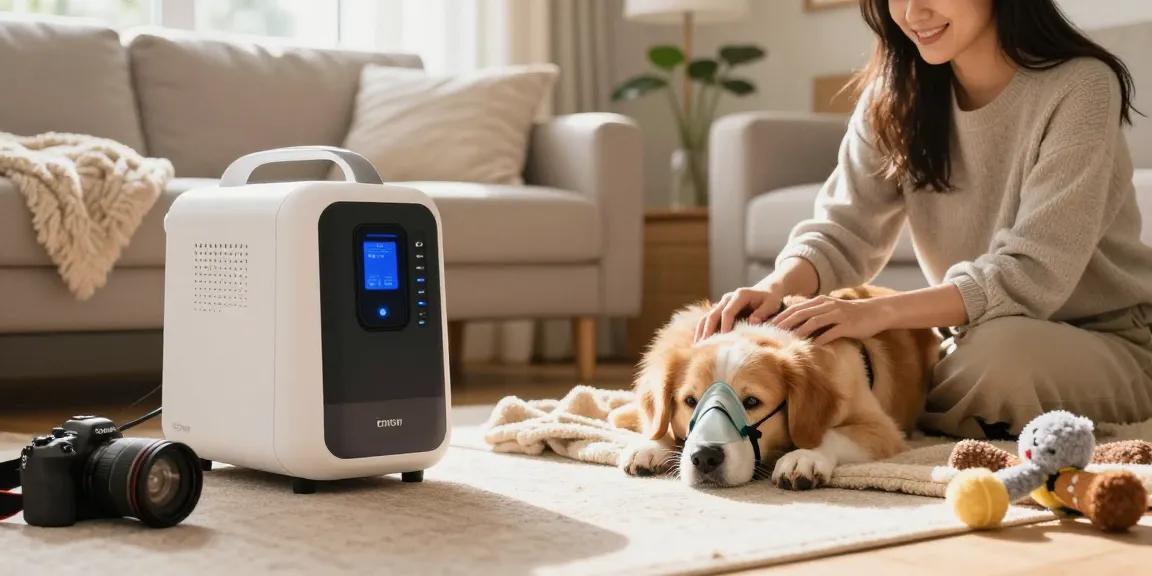 Providing pet oxygen therapy in a cozy living room with a portable 寵氧站 machine.