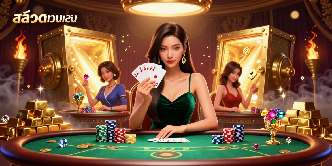 Experience exciting gameplay at สล็อตเว็บตรง with an Asian woman at a poker table surrounded by golden treasures.