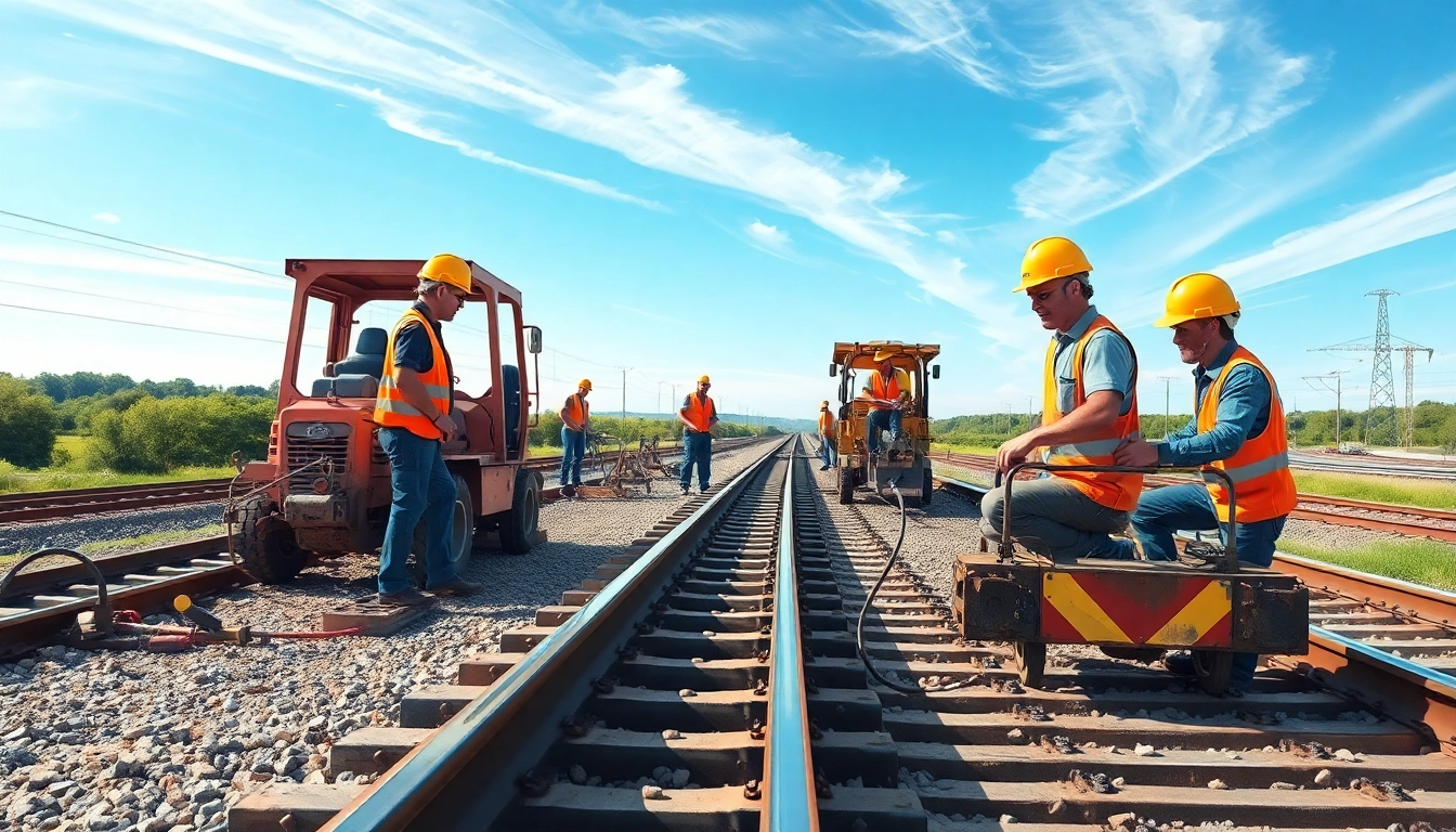 Workers constructing new tracks as a railroad track construction company executes a complex project.