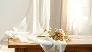 Mousseline stof draperend over een tafel verlicht door zonlicht.