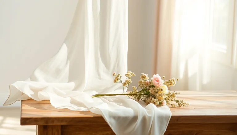 Mousseline stof draperend over een tafel verlicht door zonlicht.