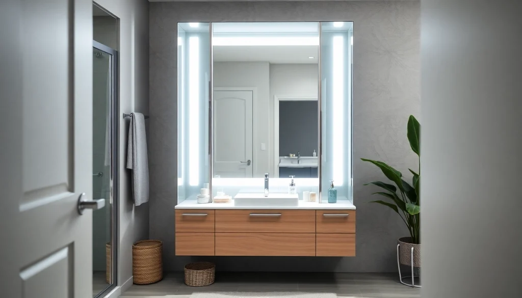 Spiegelschrank led mit LED-Beleuchtung im modernen Badezimmer, hell und einladend gestaltet.