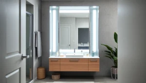 Spiegelschrank led mit LED-Beleuchtung im modernen Badezimmer, hell und einladend gestaltet.