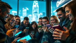 Engaging people using online sportsbooks India with smartphones in an energetic urban setting.