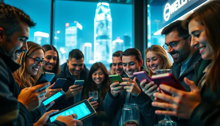 Engaging people using online sportsbooks India with smartphones in an energetic urban setting.