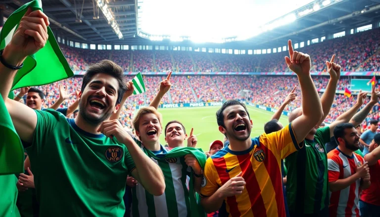 축구중계 현장에서 열렬히 응원하는 팬들의 모습