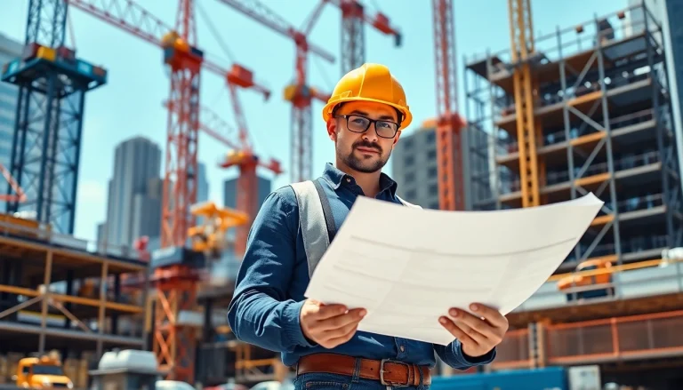 Manhattan Construction Manager overseeing a dynamic construction site with blueprints in hand.