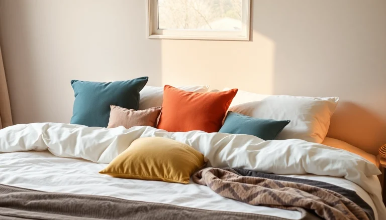 Cuscini letto di varie forme e colori distribuiti su un letto elegante per garantire comfort e stile.