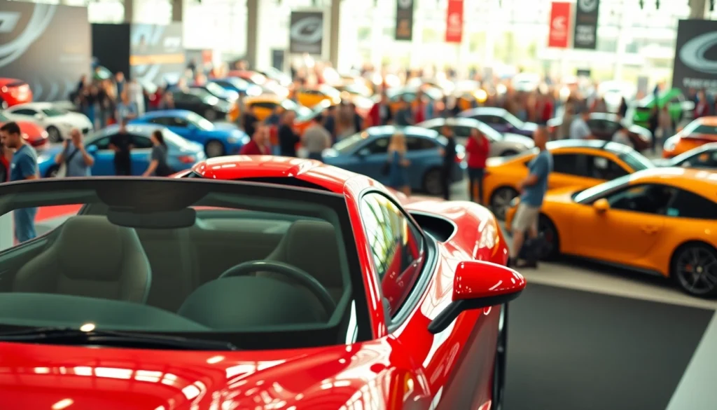 View showcasing the excitement at an Auto Cars Show with a vibrant red sports car and enthusiastic crowd.