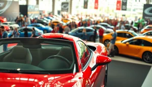 View showcasing the excitement at an Auto Cars Show with a vibrant red sports car and enthusiastic crowd.