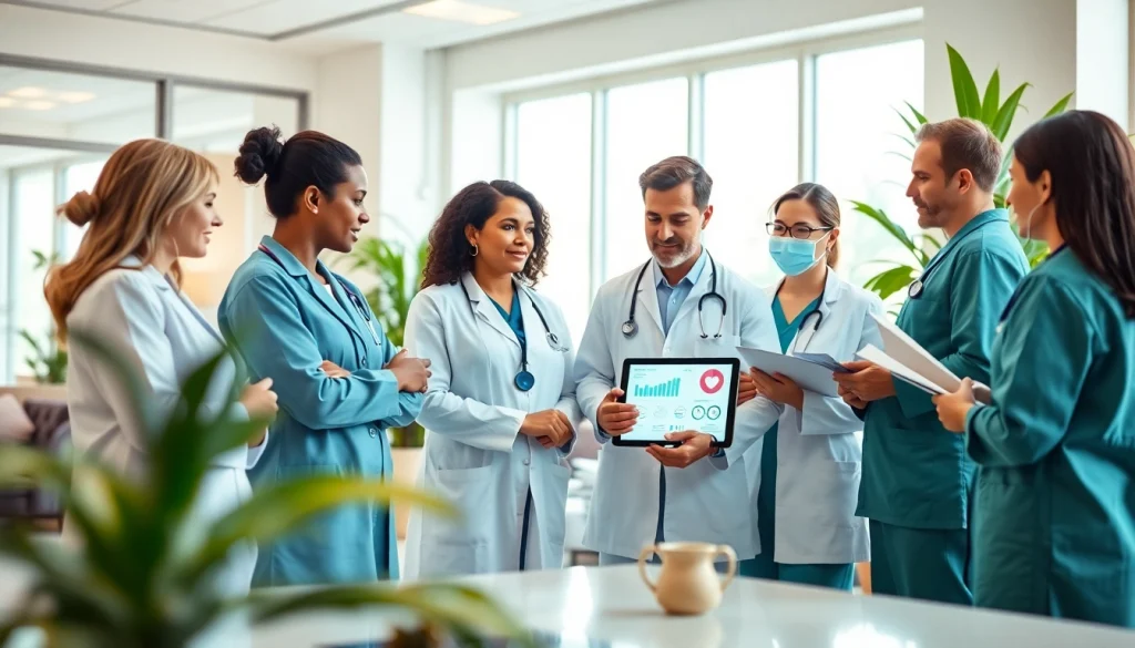 Health professionals collaborating in a modern clinic setting, emphasizing teamwork and patient care.