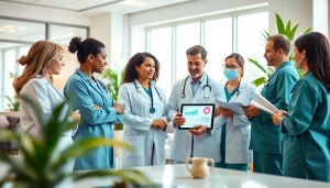 Health professionals collaborating in a modern clinic setting, emphasizing teamwork and patient care.