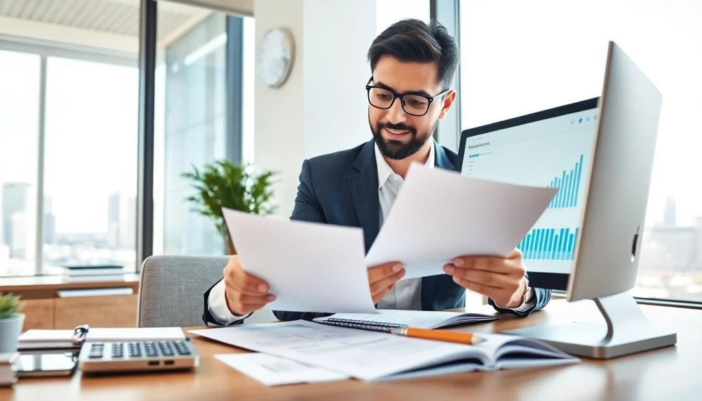 카드 현금화 전문가가 사무실에서 금융 문서를 검토하는 모습