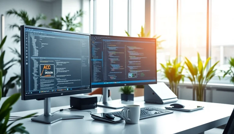 Visual representation of Technology in a modern office showcasing a high-tech workstation with multiple screens.