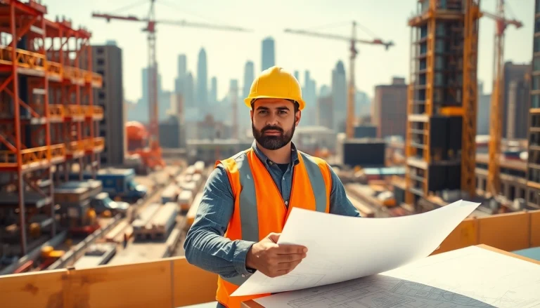 New York City Commercial General Contractor reviewing plans at a bustling construction site.