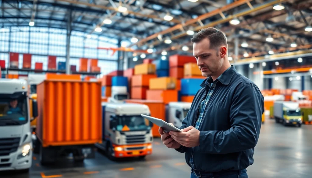 Logistics management scene showing an organized cargo warehouse with transportation vehicles.