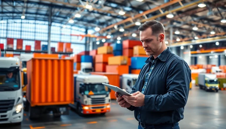 Logistics management scene showing an organized cargo warehouse with transportation vehicles.