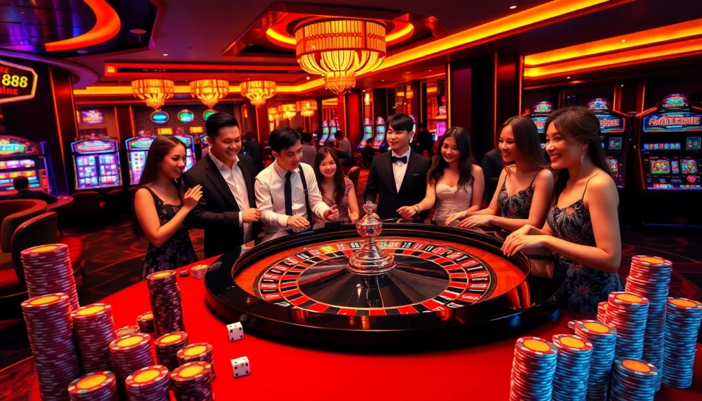 Engaging players at RR88's luxurious roulette table in a vibrant casino setting.