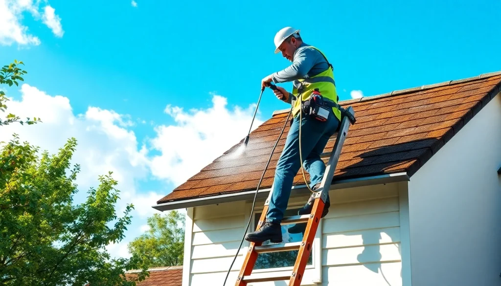 Roof cleaning service technician applying eco-safe solutions on a roof, enhancing curb appeal.