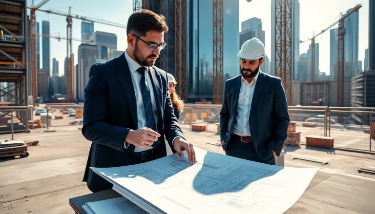 Manhattan Construction Manager analyzing architectural plans in a vibrant urban construction environment.