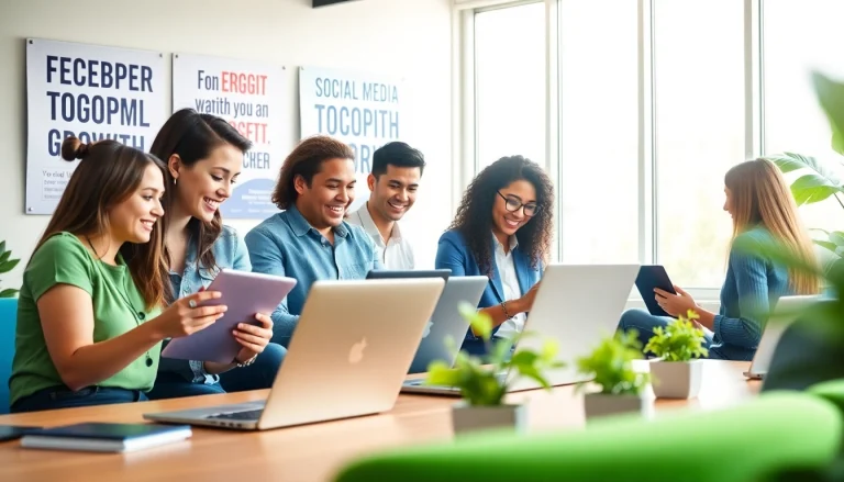 Showcase a busy workspace focused on facebook smm panel services, highlighting collaboration and digital strategies.