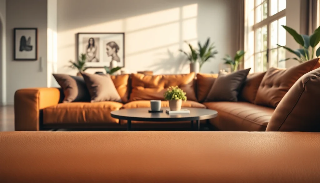 Bekijk een stijlvolle skai leer bank in een moderne woonkamer met warme kleuren.