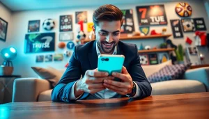 Engaging user exploring online sports betting California through a mobile app in a vibrant setting.