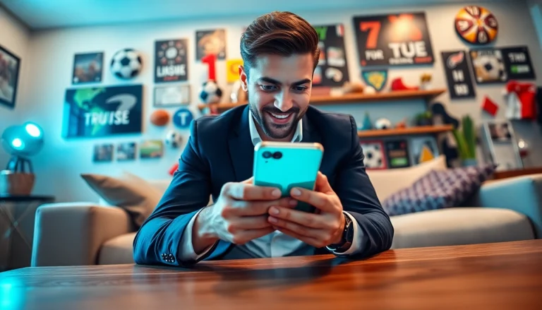 Engaging user exploring online sports betting California through a mobile app in a vibrant setting.