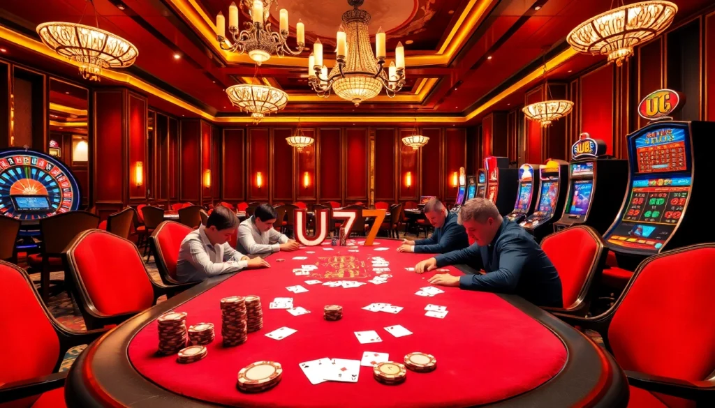 Players enjoying a thrilling poker game at UU 88's luxurious casino, showcasing excitement and strategy.