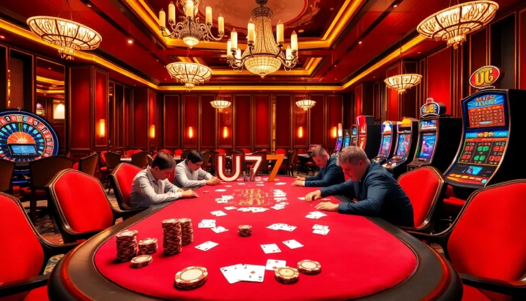 Players enjoying a thrilling poker game at UU 88's luxurious casino, showcasing excitement and strategy.