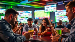 Engaged bettors participating in online sports betting Georgia at a vibrant sports bar, showcasing live events.