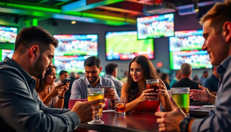 Engaged bettors participating in online sports betting Georgia at a vibrant sports bar, showcasing live events.