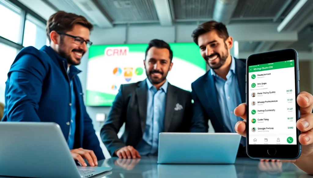 Showcasing WhatsApp Business CRM on a smartphone in a modern office with a collaborating business team.