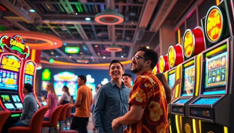 Thrilling online gaming scene featuring hoki138 pro slot machines in a vibrant casino environment.