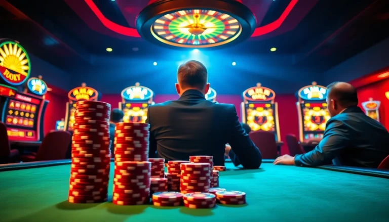 Experience the excitement of lc88 casino with players at a vibrant poker table filled with chips and intense competition.
