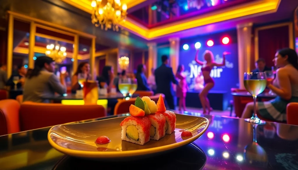 Dinner sxm at Club Noir featuring body sushi, elegant décor, and a captivating performance.