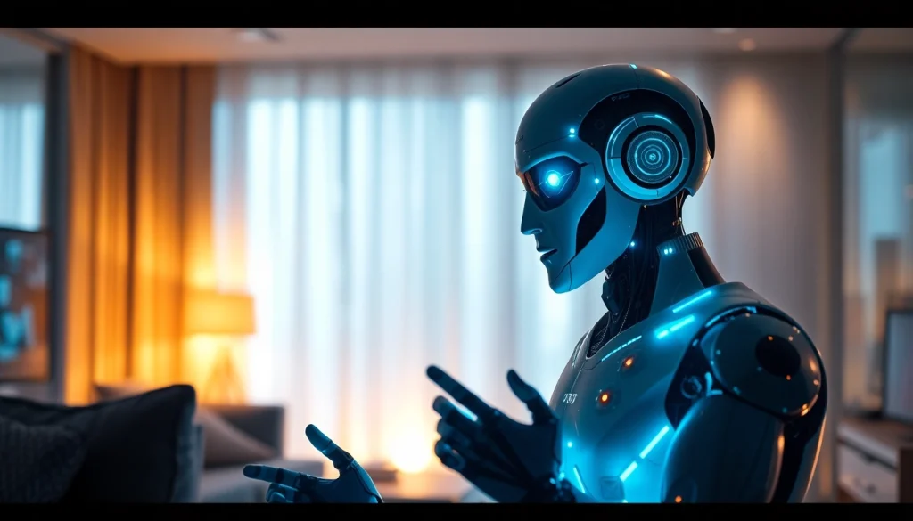 AI sex interaction between a humanoid robot and a person in a modern setting.