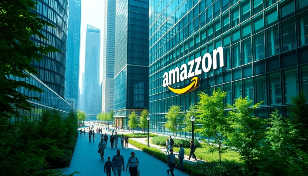 Aerial view capturing Amazon company overview at headquarters with modern architecture.