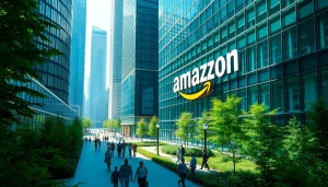 Aerial view capturing Amazon company overview at headquarters with modern architecture.