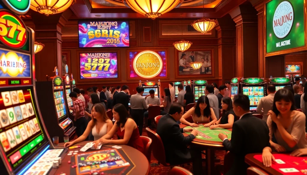 Experience thrilling gameplay with the mahjong slot demo at a lively casino featuring illuminated machines and excited players.