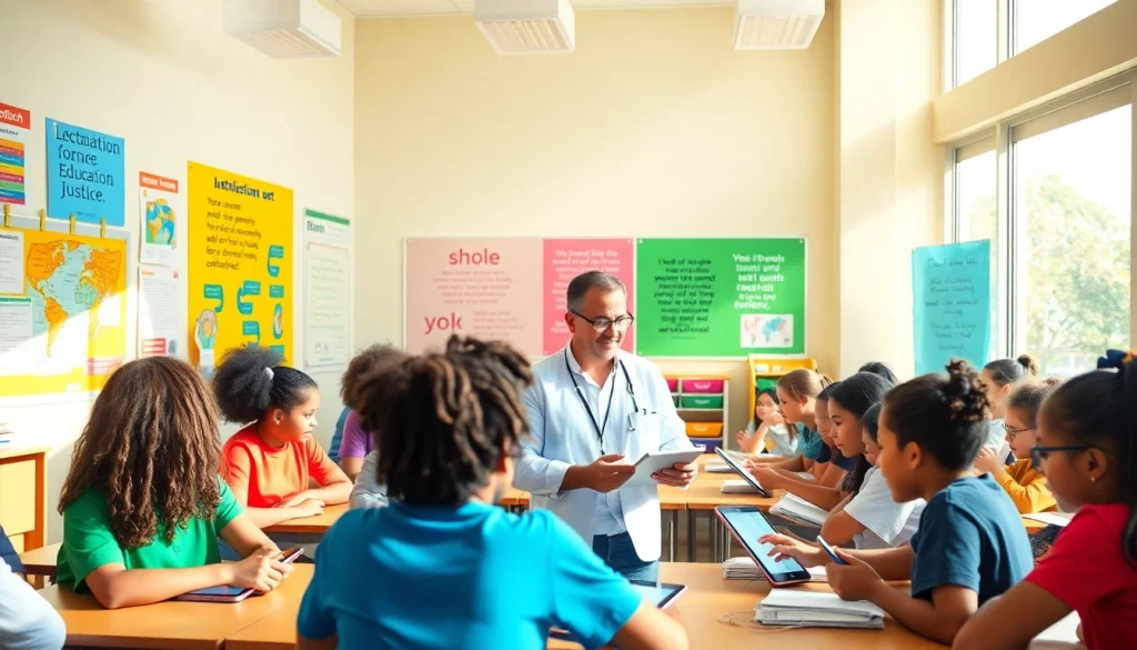 Education classroom with diverse students and Dr. Lynch fostering innovation and equity