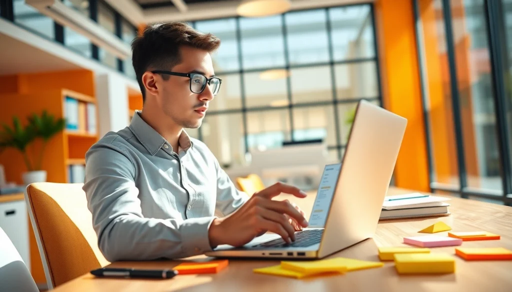 Young professional studying how to get hired for sales jobs fast in a vibrant office.