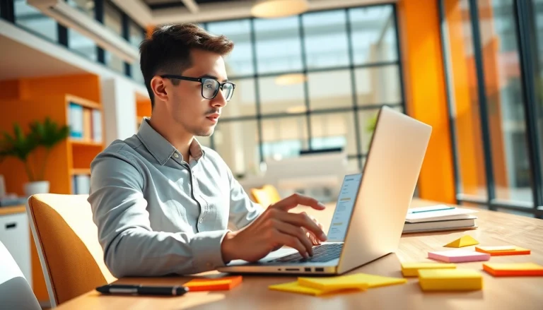 Young professional studying how to get hired for sales jobs fast in a vibrant office.