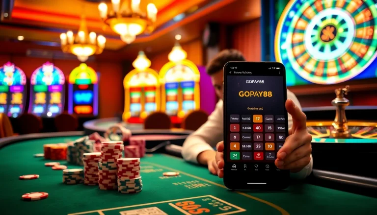 Experience the thrill of Gopay88 with players at a vibrant casino table surrounded by exciting games.