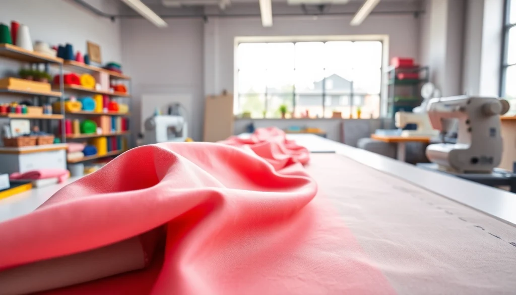 Een glanzende poplin stof ligt op een snijtafel in een lichte, creatieve ruimte.